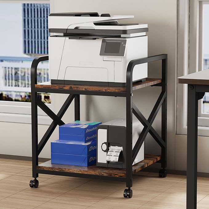 Ollieroo 2 Tier Printer Stand with Storage Shelf, Printer Table with Height Adjustable Top Shelf, Under Desk Storage Printer Cart for Paper Shredder Scanner, 3D Printer Stand for Home Office(Vintage)