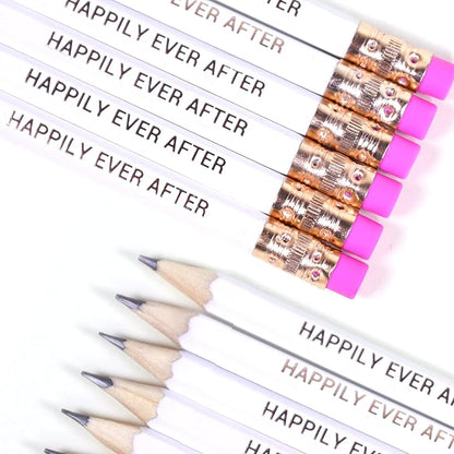 Markt Mini Pencils for Bridal Shower Games, Bridal Shower Pens, Happily Ever After Pencils, Small Pencil Set For Prizes, Game Winner Gifts (White With Pink Eraser)