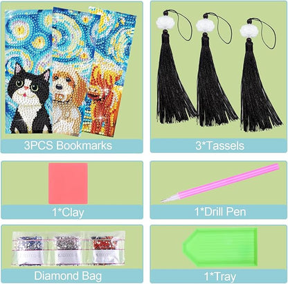 Anseal 3 Pcs 5D Diamond Art Bookmarks for Book Lovers, Cute Animal Rhinestone PU Leather Diamond Crafts Bookmarks for Women Girls, Tassel Beaded Book Mark for Graduation Birthday Reading Present
