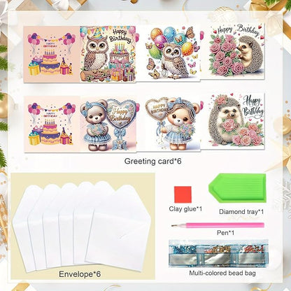 Tontut 6 Pieces Diamond Art Painted Greeting Cards, Owl Hedgehog Bear 5D DIY Special Shape Diamond Card Creative Gifts, Christmas Thanksgiving Greeting Card Congratulation