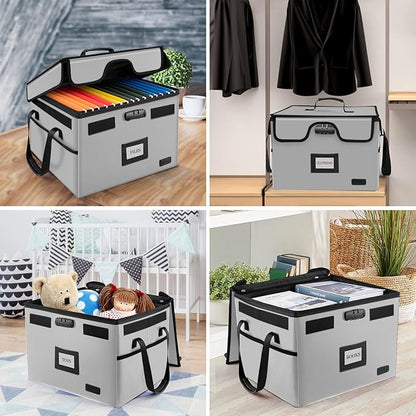 AMBOR File Box with Lock, Fireproof Document Box with 5 Tabs & Inserts, Collapsible File Organizer with Handle for Letter & Legal Size Folder/Certifications/Books Storage, Grey