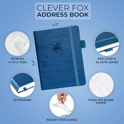 Clever Fox Address Book with alphabetic tabs - PU Leather Telephone and Address Book for Keeping Contacts Safe, Contact Organizer Journal, Small Size (4.0″ x 5.5″), Hardcover, Mystic Blue