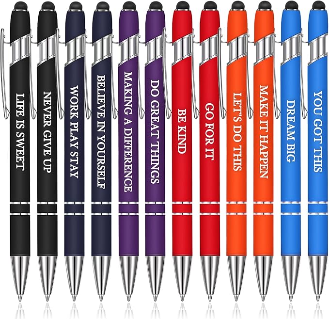 Zonon 12 Pieces Inspirational Pens Bulk Easter Basket Stuffers Motivational Quotes Ballpoint Pens with Stylus Tip Inspirational Gifts for School Office Teachers(Rainbow Colors,Classic Style)
