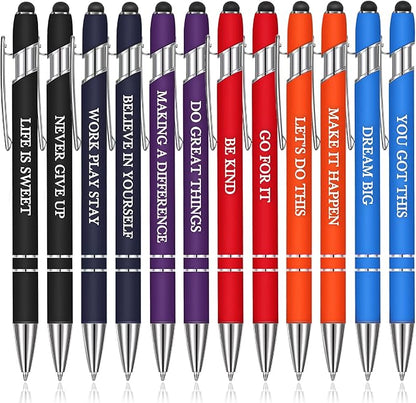 Zonon 12 Pieces Inspirational Pens Bulk Easter Basket Stuffers Motivational Quotes Ballpoint Pens with Stylus Tip Inspirational Gifts for School Office Teachers(Rainbow Colors,Classic Style)
