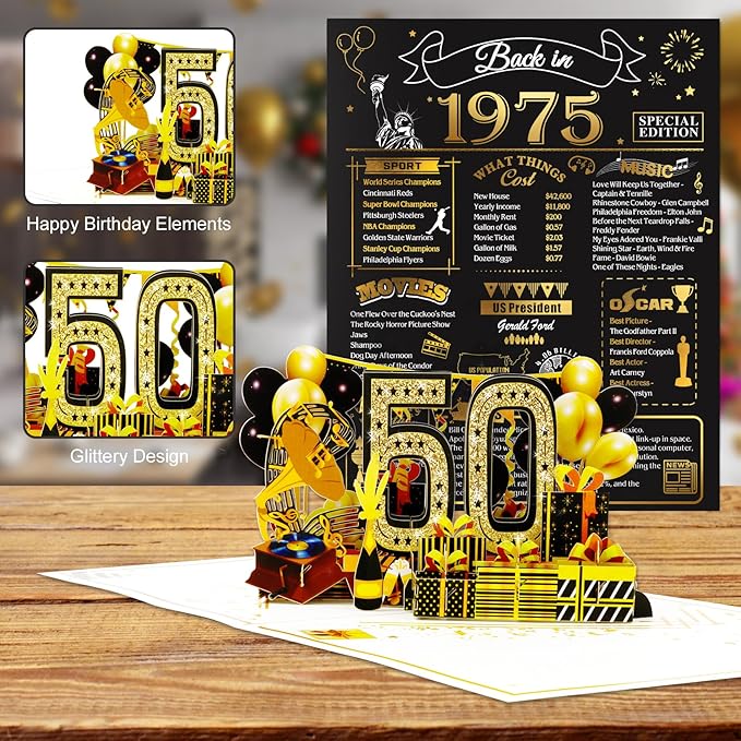 50th Birthday Card for Men Women, 3D Pop Up 50th Birthday Gifts Cards for Him Her, Back In 1975 Funny 50 Year Old Birthday Decorations