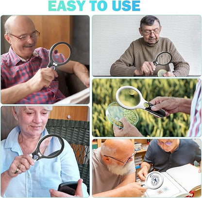 Compact Magnifying Glass with Lights,45X 10X 5X Small Handheld Lighted Magnifier, 3 LED Light Magnifying Glass for Reading Small Prints & Low Vision Seniors B&W