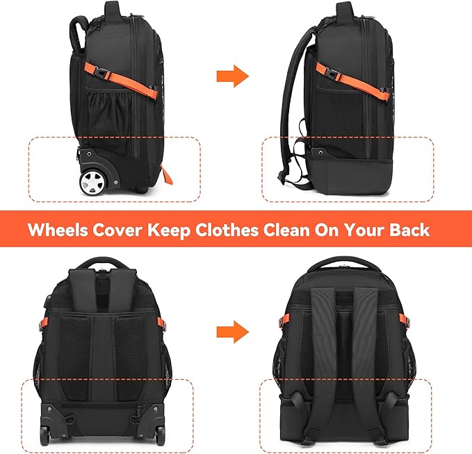 Rolling Backpack, 18 inch Laptop Travel Backpack with Wheels for Men Women, Rolling Wheeled Backpack for Business Travel