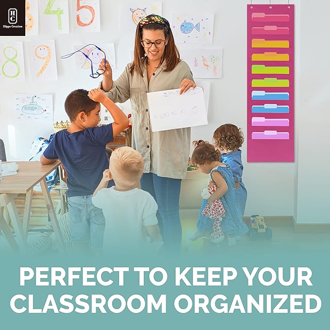 Hippo Creation Heavy Duty Storage Pocket Chart for Classroom, 10 Pocket Storage Organizer with 3 Over-Door Hangers, Hanging Wall Organizer for File Folders, School Mailbox, Home Office Papers - Pink