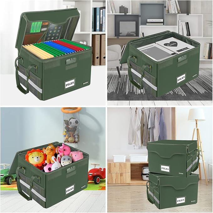 DocSafe File Box Fireproof Document Box with Lock,File Storage Organizer Box with Insert Mesh Pocket,Collapsible Portable File Box Home Office File Cabinet for Hanging Letter/Legal Folder,Green,2 Pack