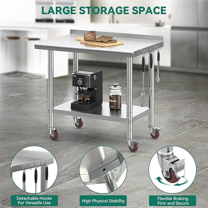 YITAHOME 36" x 24" Stainless Steel Table with Wheels for Prep & Work with Backsplash, NSF Metal Table Prep Table with Undershelf for Home Kitchen Restaurant Garage Warehouse