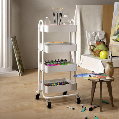 4-Tier White Rolling Cart,Metal Utility Rolling Cart with Handle,Steel Multifunction Rolling Carts with Wheels,Kitchen Storage Carts Suitable for Office,Home,Kitchen,Garden(13.4"x18.1"x40") White