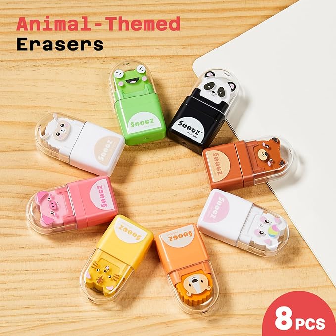 Sooez 8 Pack Pencil Erasers with Clean up Roller, Cute Erasers for Kids, Animal Fun Eraser with Shaving Roller and Cover, for Teacher Class Favor School Supplies Home Office Party