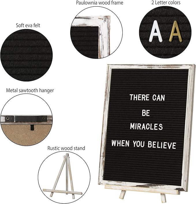 Felt Letter Board with Rustic Vintage Frame and Stand 12x16 inch,Black Changeable Letter and Message Board Includes 792 Letters, Numbers and Symbols, Hook to Hang, 2 Canvas Bags