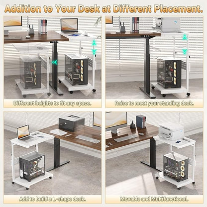 Computer Tower Stand with Power Strips, Height Adjustable PC Tower Stand/Cart with Wheels, Mobile Rolling CPU Holder, Computer Cart Side Stand for Computer Desk, 24", Carbon Fiber White