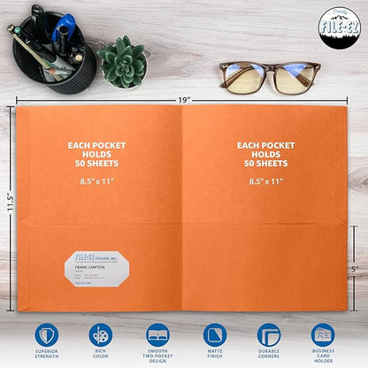 FILE-EZ Two-Pocket Folders, Orange, 25-Pack, Textured Paper, Letter Size (EZ-32565)