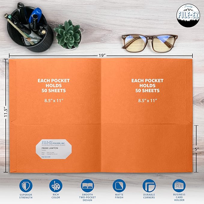 FILE-EZ Two-Pocket Folders, Orange, 25-Pack, Textured Paper, Letter Size (EZ-32565)
