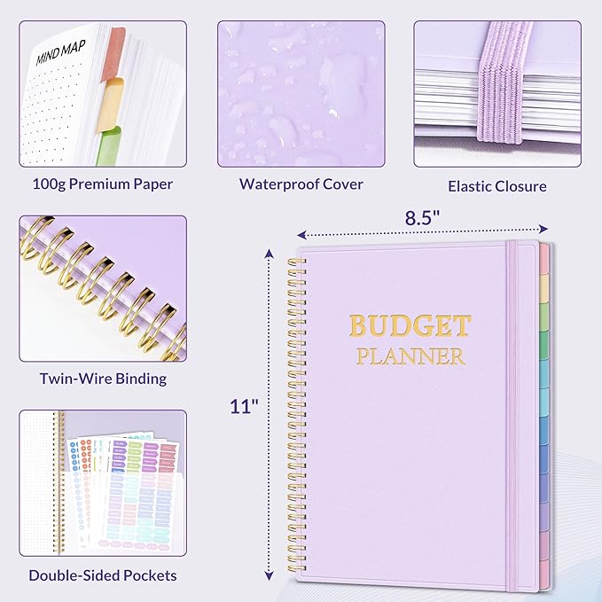 SUNEE Budget Planner - Monthly Budget Book with Expense Tracker Notebook, A4(8.5" x 11") Undated 12 Month Bill Organizer & Finance Planner to Manage Your Money, Account Book with Colorful Tab, Purple
