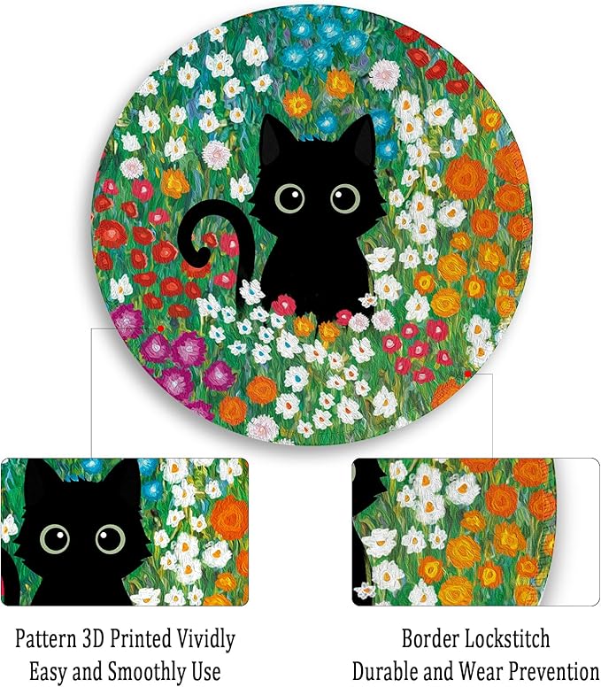Gctriki Anime Black Cat Mouse Pad 8.6 x 8.6 Inch, Funny Round Mousepad for Gaming Laptop Computer, with Stitched Edge Non-Slip Rubber Base, Cute Cat Flower Home Office Decor Desk Accessories