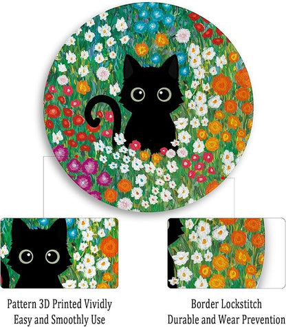 Gctriki Anime Black Cat Mouse Pad 8.6 x 8.6 Inch, Funny Round Mousepad for Gaming Laptop Computer, with Stitched Edge Non-Slip Rubber Base, Cute Cat Flower Home Office Decor Desk Accessories