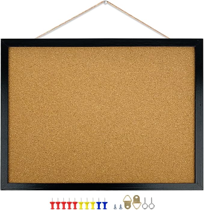 GDMINLO Black Cork Bulletin Board, 17.7 X 13.3 inches with Oak Wood Finish Frame, for Wall Office Home and School (Pins, Eye Bolts, gaskets, Screws)