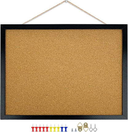 GDMINLO Black Cork Bulletin Board, 17.7 X 13.3 inches with Oak Wood Finish Frame, for Wall Office Home and School (Pins, Eye Bolts, gaskets, Screws)