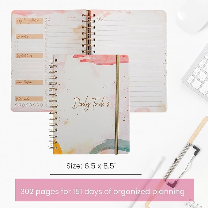 Undated Daily To Do Notebook - Planner Notepad List 6.5x8.5" Cute Colorful Design- Laminated Hard Cover & Rose Gold Spiral Binding- 302 Pages- Daily Task & Lined Notes Pages