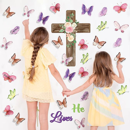B1ykin 90Pcs Spring He Lives Floral Cross Bulletin Board Decoration Set, Watercolor Butterfly Name Tags Cutouts, Spring Christian Bible Jesus Resurrection Bulletin Boarders for Sunday School Classroom