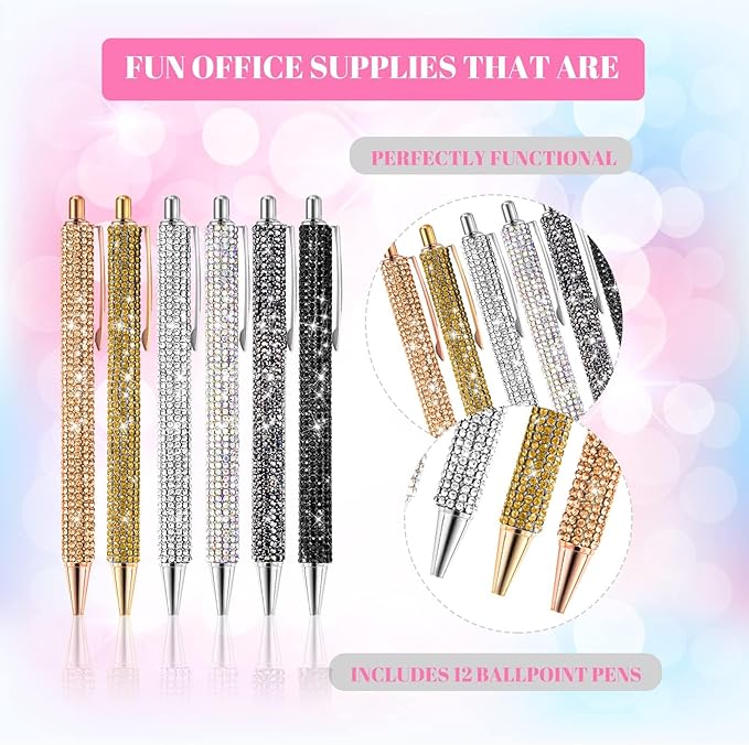 12Pcs Rhinestone Pens Bling Metal Ballpoint Diamond Pens Bulk Fancy Sparkly Crystal Press Retractable Black Ink 0.7mm For Women Office Meeting Birthday Supplies Wedding Gifts(6colors)