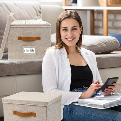 ZICOTO Decorative File Organizer Box Set of 2 - Collapsible Linen Filing Cabinets w/Handles Are Perfect to Store all Your Documents & Hanging File Folders - Portable Easy Slide Crates with Lid