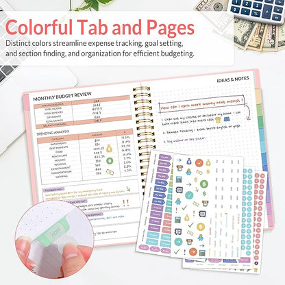 SUNEE Budget Planner - Monthly Budget Book with Expense Tracker Notebook, Undated 12 Month Bill Organizer & Finance Planner to Manage Your Money, A5(6.4" x 8.3") Account Book with Colorful Tab, Pink