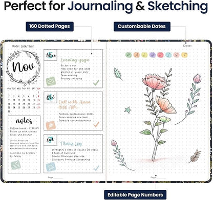 Bullet Dotted Journal Notebook for Women & Men, Hardcover Leather Journal for Writing, A5 Bullet Journaling Notebook for Work & Sketching, Perfect for Office School Home Supplies, 160 Pages, Patchwork Floral