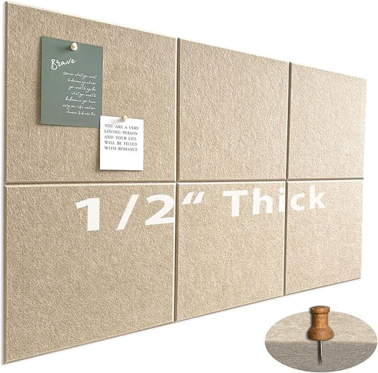 Large Cork Board for Office Wall Decor,36"x24"-6 Pack Felt Wall Tiles with 35 Push Pins, Thicker 0.47in, Felt Bulletin Board Pin Board Cork Boards for Walls - Khaki