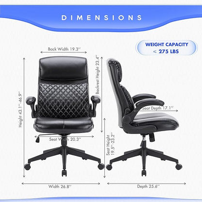 COLAMY Office Chair High Back Executive Computer Desk Chair, Ergonomic Home Office Chair with Padded Flip-up Arms, Adjustable Height and Tilt, Swivel Task Chair with Thick Leather, Diamond Black