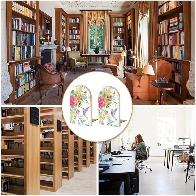 Hummingbird Butterfly Flowers Wooden Large Book Ends Bookends for Shelves, 2 Pack Non-Skid Bookends for Heave Books, Book Stoppers Holders for Kitchen Office Library, 6.7x4.7x3.9in