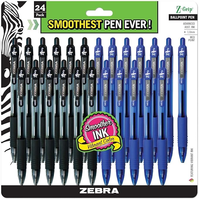 Zebra Pen Ballpoint - Bulk Pack Of 24 Z-grip Retractable Medium Point 1.0 mm, 12 Black & 12 Blue Combo pack