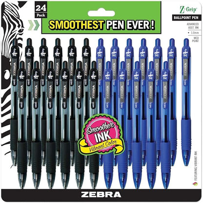 Zebra Pen Ballpoint - Bulk Pack Of 24 Z-grip Retractable Medium Point 1.0 mm, 12 Black & 12 Blue Combo pack