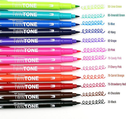 Tombow 61500 Twintone Marker Set, Bright, 12-Pack. Double-Sided Markers for Bold and Precise Writing