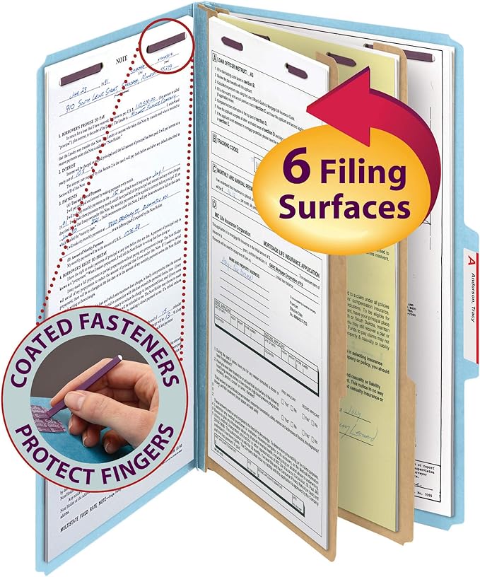 Smead Pressboard Classification File Folder with SafeSHIELD Fasteners, 2 Dividers, 2" Expansion, Legal Size, Blue, 10 per Box (19030) (Pack of 5)