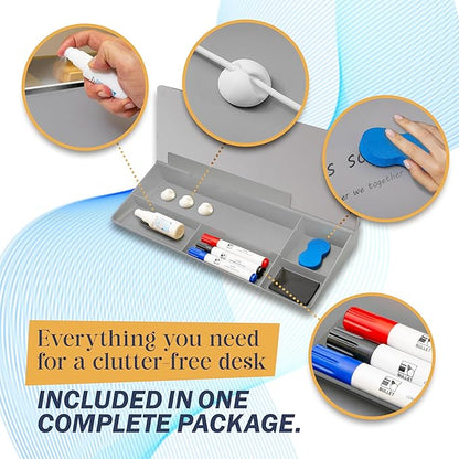 15-Inch Desktop Whiteboard - Glass Dry Erase Board for Desk Whiteboard with Stand with 3 Markers, Spray Bottle, 3 Cable Holders & Storage Box Work from Home Office Gadgets, Grey