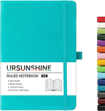 Ruled Notebook/Journal - Classic Lined Journal/Notebook, Hardcover with Thick Paper, 5.3" x 8.26", Banded + Pen Holder +Inner Pocket - Cyan
