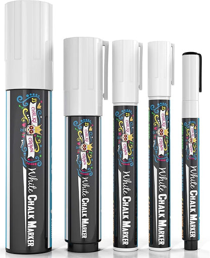 CHALKY CROWN 5pc White Chalk Markers - Non-Toxic Liquid Chalkboard Markers, White Liquid Chalk Marker for Windows, Glass - 1, 3, 6, 10, 15mm Tips