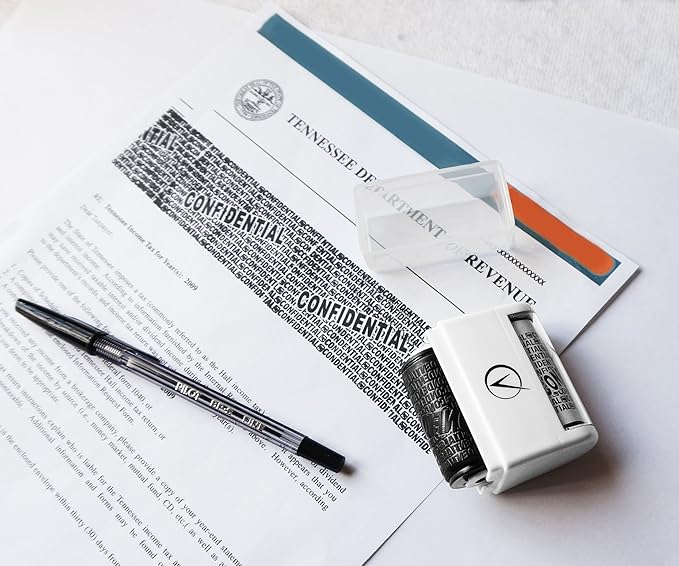 Identity Theft Protection Roller Stamps Wide Kit - Confidential Roller Stamp, Anti Theft, Privacy & Security Stamp, Designed for ID Blackout Security - Classy White with 6 Refills