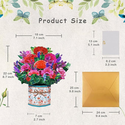 Carnation Bouquet Pop Up Card, Flower 3D Greeting Card with Envelope for Any Occasion, Birthday, Mother's Day, Anniversary, Valentines Day, Foldable Flower Cards for Mother or Loved Ones