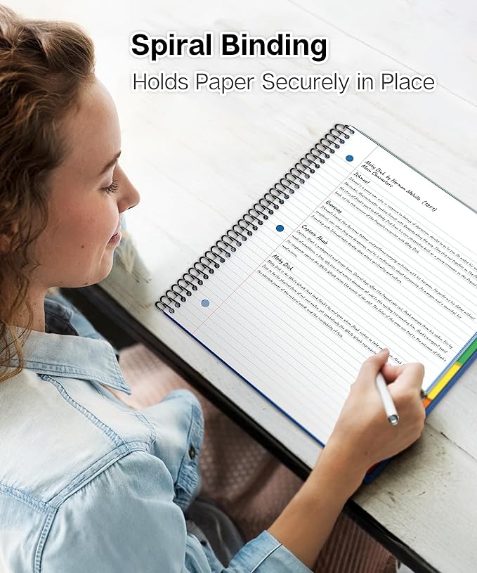 Dunwell 5-Subject Spiral Notebook, College Ruled (Blue), Colorful Movable Pocket Dividers with Tabs, Front/Back Plastic Covers, 200 Sheets (400 Pages) of 3-Hole Punch Perforated 8.5x11 Paper