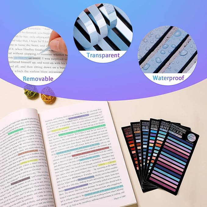 HAUTOCO 1800PCS Transparent Highlighter Tape, Removable Highlighter Strips Sticky Notes Tabs for Annotating Books, Morandi Clear Sticky Page Markers Tabs for Office School Aesthetic Study Supplies