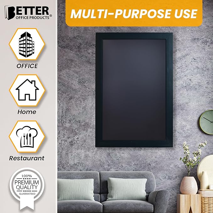Magnetic Wall Chalkboard, Extra Large Size 20" x 30", Wood Frame, Chalkboard Sign, Vertical or Horizontal Wall Mount, Includes 4 Chalk Markers, Chalk & Eraser, by Better Office Products (Solid Black)