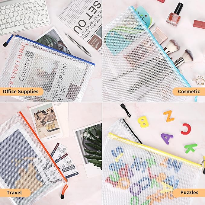 EOOUT 100pcs Mesh Zipper Pouch, A4 Size, 10 Colors Zipper Bags for Organizing Storage, Waterproof Puzzle Bag, Zipper File Bags for Board Games and School Office Supplies