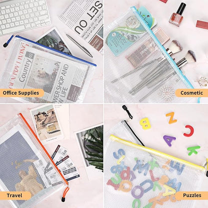 EOOUT 100pcs Mesh Zipper Pouch, A4 Size, 10 Colors Zipper Bags for Organizing Storage, Waterproof Puzzle Bag, Zipper File Bags for Board Games and School Office Supplies