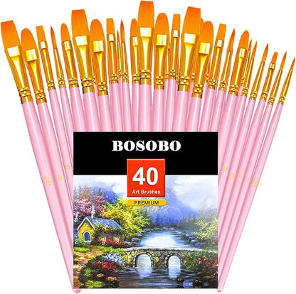 BOSOBO Paint Brushes Set, 4 Pack 40 Pcs Round Pointed Tip Paintbrushes Nylon Hair Artist Acrylic Paint Brushes for Acrylic Oil Watercolor, Face Nail Art, Miniature Detailing & Rock Painting, Pink