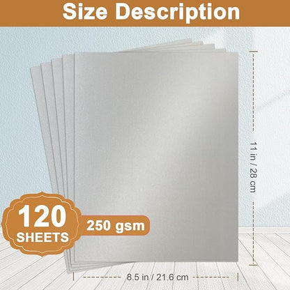 120 Sheets Shimmer Silver Cardstock 8.5 x 11 Craft Paper, 250gsm/92lb Heavyweight Certificate Paper Card Stock for DIY Card Making, Wedding Invitations, Thank You Cards, Business Cards